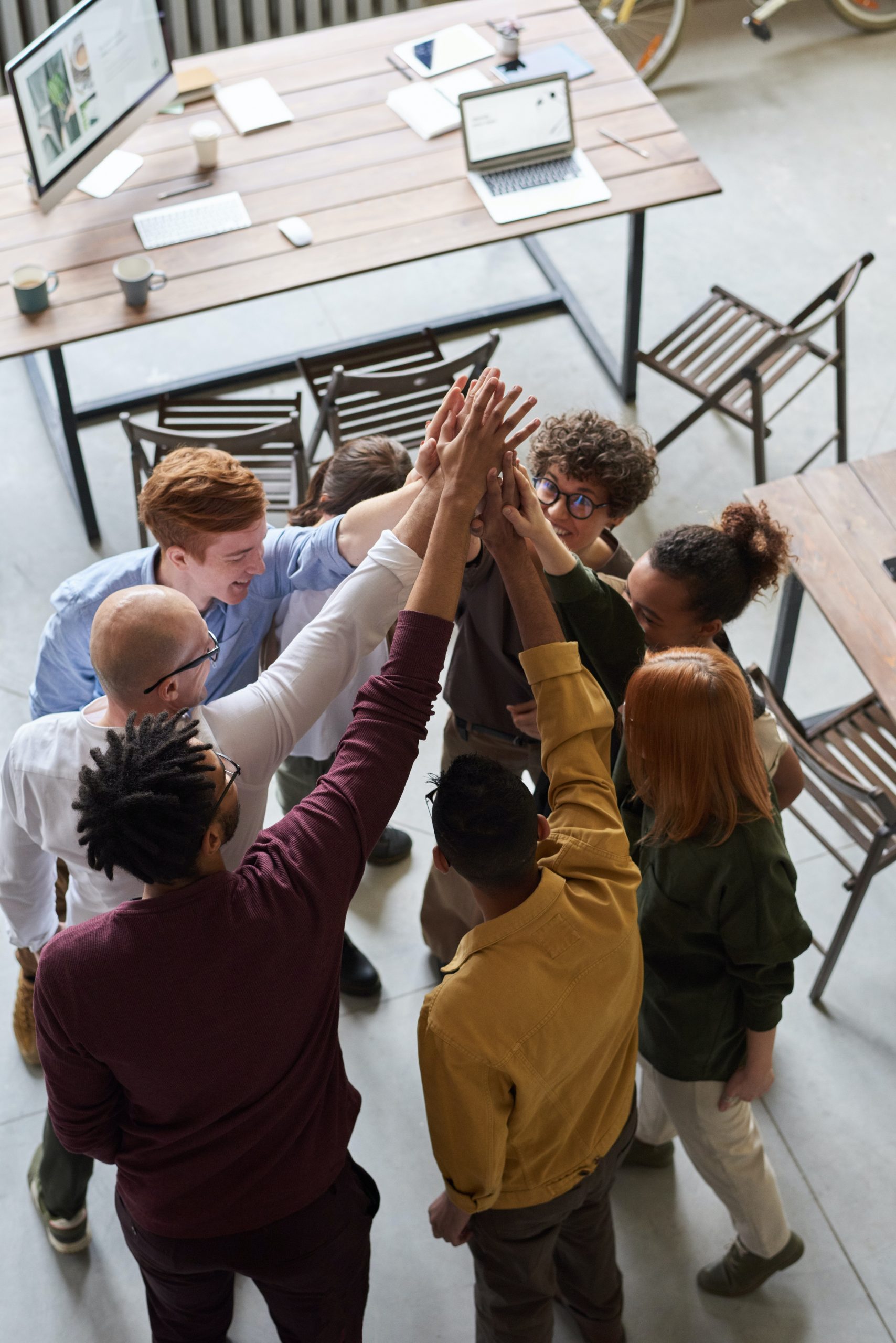 A work team celebrate together
